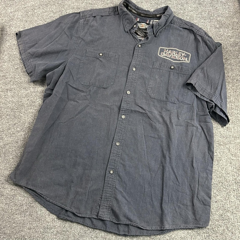 Harley-Davidson Shirt Mens 2XL Gray Short Sleeve Button Up Embroidered Biker